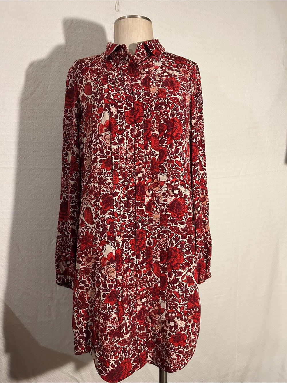 Tory Burch Red Floral Long-Sleeve Shirt Dress